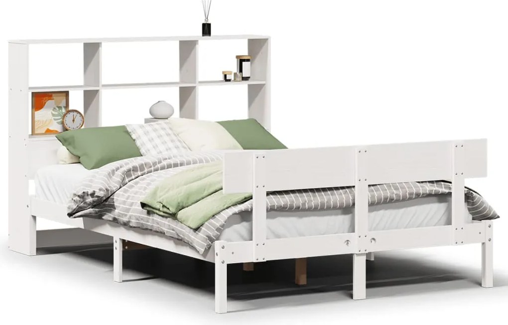 vidaXL fehér tömör fenyőfa könyvespolcos ágy matrac nélkül 140x190 cm