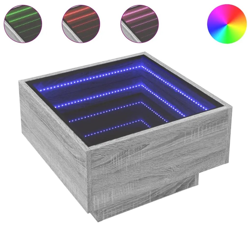 Szürke sonoma szerelt fa dohányzóasztal LED-del 50 x 50 x 30 cm