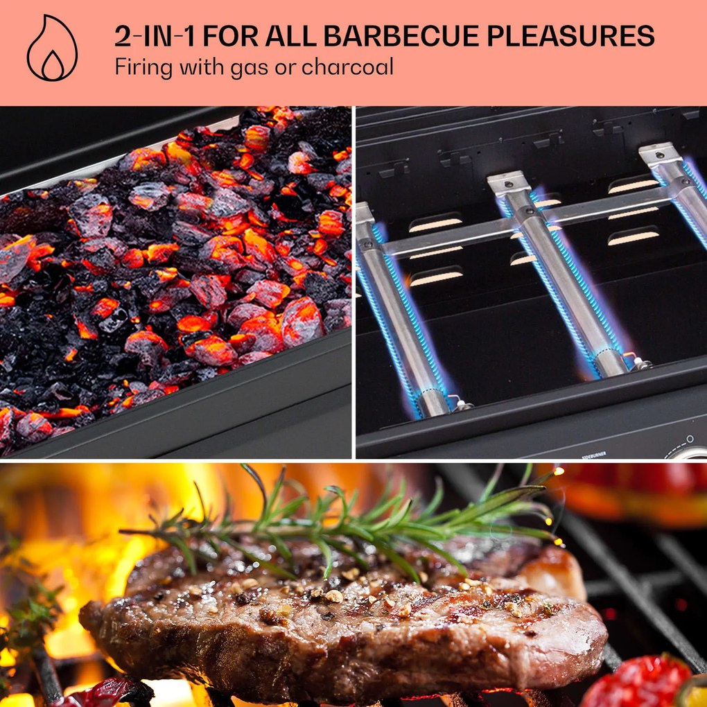 Aberdeen, kombinált grill, gáz, faszén, füstölő, hőmérő, 2 kiegészítő asztal, mobil