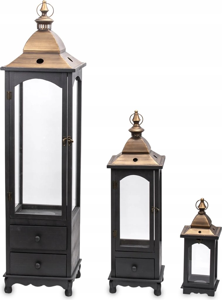 3 x Lampion fa lámpa fekete barna kpl dekoráció arany 140173