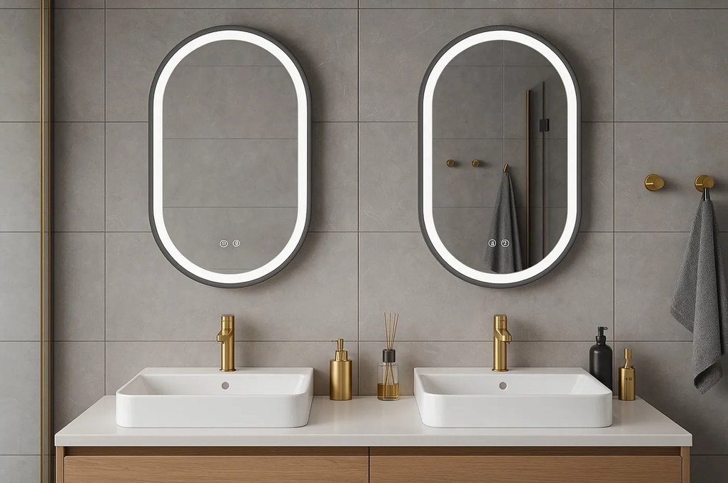 Erga Gwen, ovális LED tükör 50x90cm fekete fém keretben, 3 világos szín, elülső világítás, páramentes fűtőpárna, ERG-V01-GWEN-5090-BK