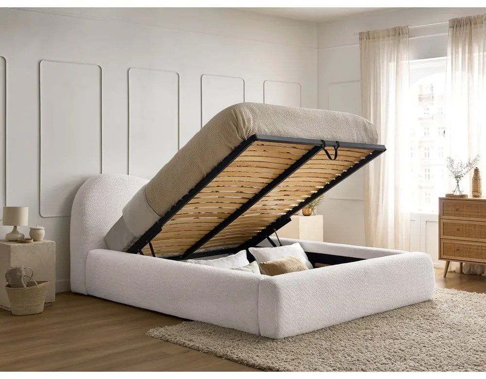 Fehér kárpitozott ágyneműtartós franciaágy ágyráccsal 140x190 cm Orlane – Bobochic Paris