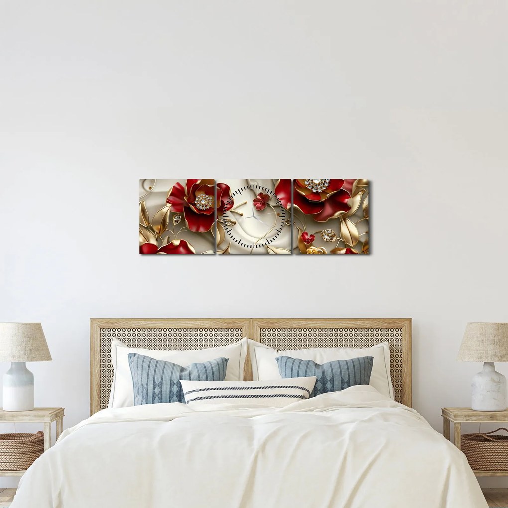 Kép - 3D piros-arany virágok (órával) (90x30 cm)