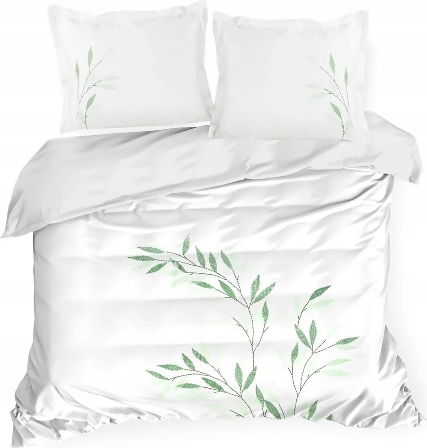 Szatén ágyneműhuzat Hímzés 160x200 Eurofirany fehér hímzett zöld gallyak