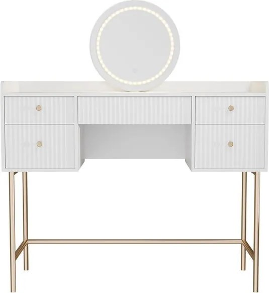 Kozmatikai asztal LED tükörrel 5 fiókkal fehér/arany