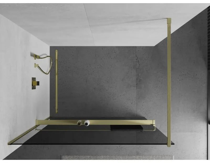 Mexen Kioto+, Walk-In zuhany paraván polccal és akasztóval 110 x 200 cm, 8mm szürke üveg, arany matt profil, 800-110-121-55-40