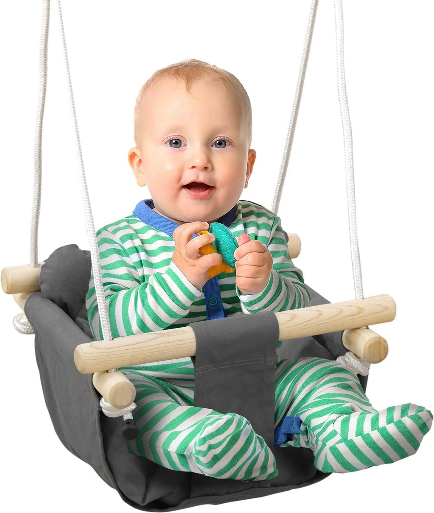 AIYAPLAY Baba Hinta 9-36 Hónapos Korig Állítható Kötéllel Párnázott Baba Hinta 70 kg-ig Belső és Külső Használatra 40x40x110-180 cm Sötétszürke | Aoso