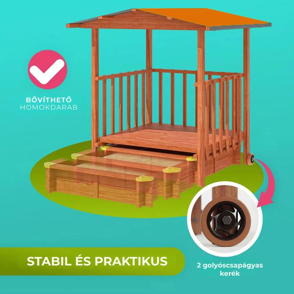 SUNNY verandás homokozó, 130x130x143cm, barna/narancssárga Jurhan