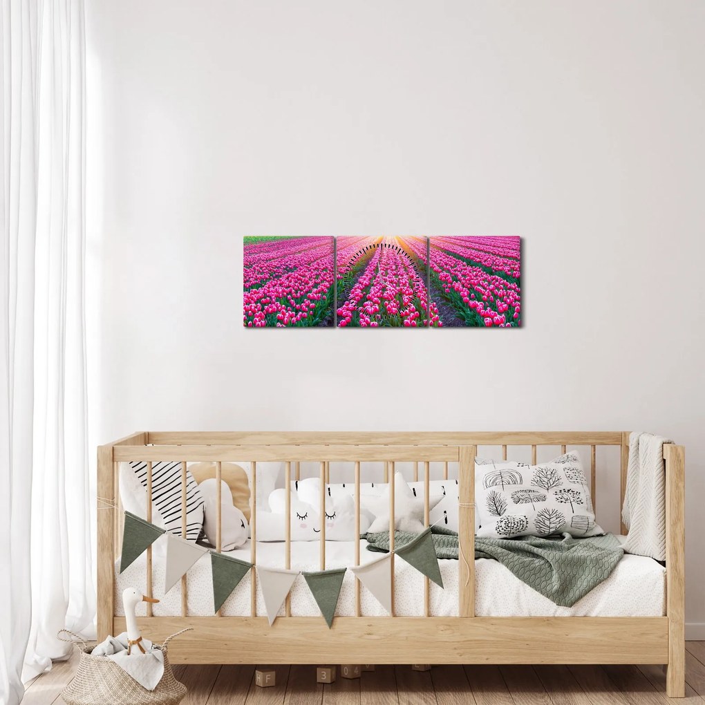 Tulipán mező és a nap képe (órával) (90x30 cm)