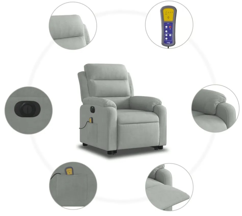 elektromos felállást segítő világosszürke bársony masszázsfotel