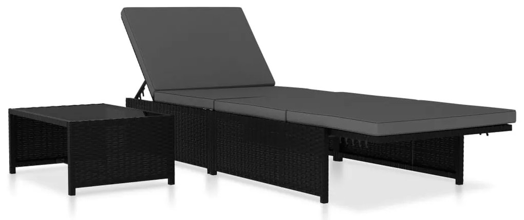 2 db fekete polyrattan napozóágy asztallal