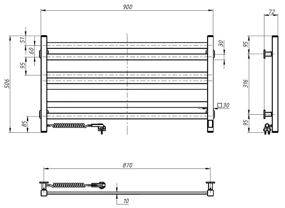 Fürdőszobai törölközőszárító radiátor AVANGARD, termosztáttal, 300W/230V, 50,6 cm, IP44, fehér, balos