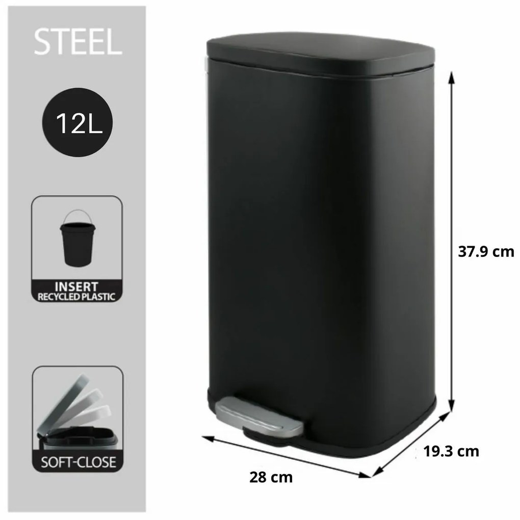 Spirella Pedálos szemetes soft-close Akira 12 l, matt fekete, 12 l