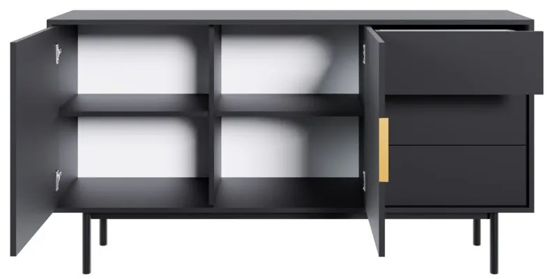 Comodă VIVA VI02 cu 2 uși și 3 sertare, 154 cm – negru / negru lucios / mânere aurii