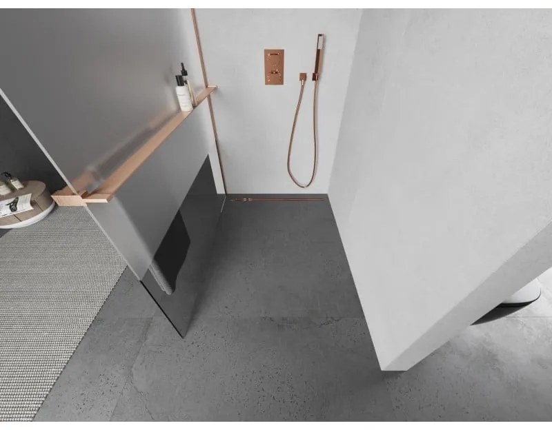 Mexen Kioto+, Walk-In zuhany paraván polccal és akasztóval 90 x 200 cm, 8 mm átlátszó matt üveg, réz matt profil, 800-090-121-65-35