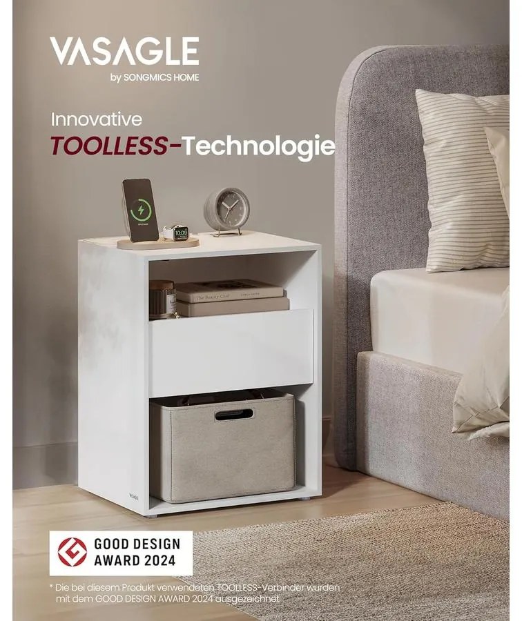 VASAGLE éjjeliszekrény 2 darabos szett beépített töltőfunkcióval, matt fehér