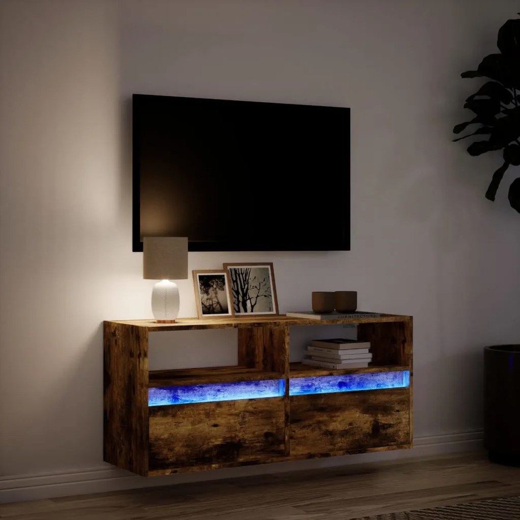 füstös tölgy színű fali TV-szekrény LED-ekkel 100x31x45 cm