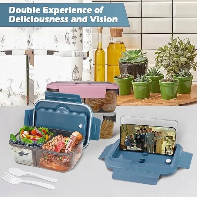 1400 ml-es bento uzsonnás doboz kanállal, villával és 3 rekesszel,kék.