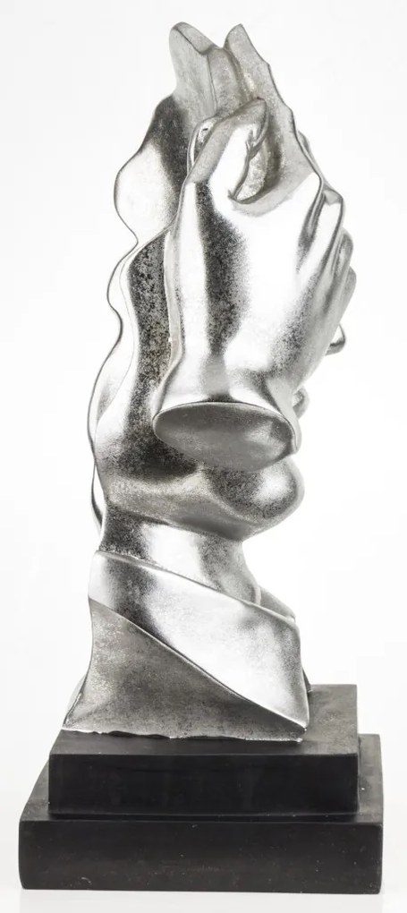 Bond design ezüst emberi arc kézfejjel műanyag mellszobor asztali dekoráció fekete talpon 54x23x23cm