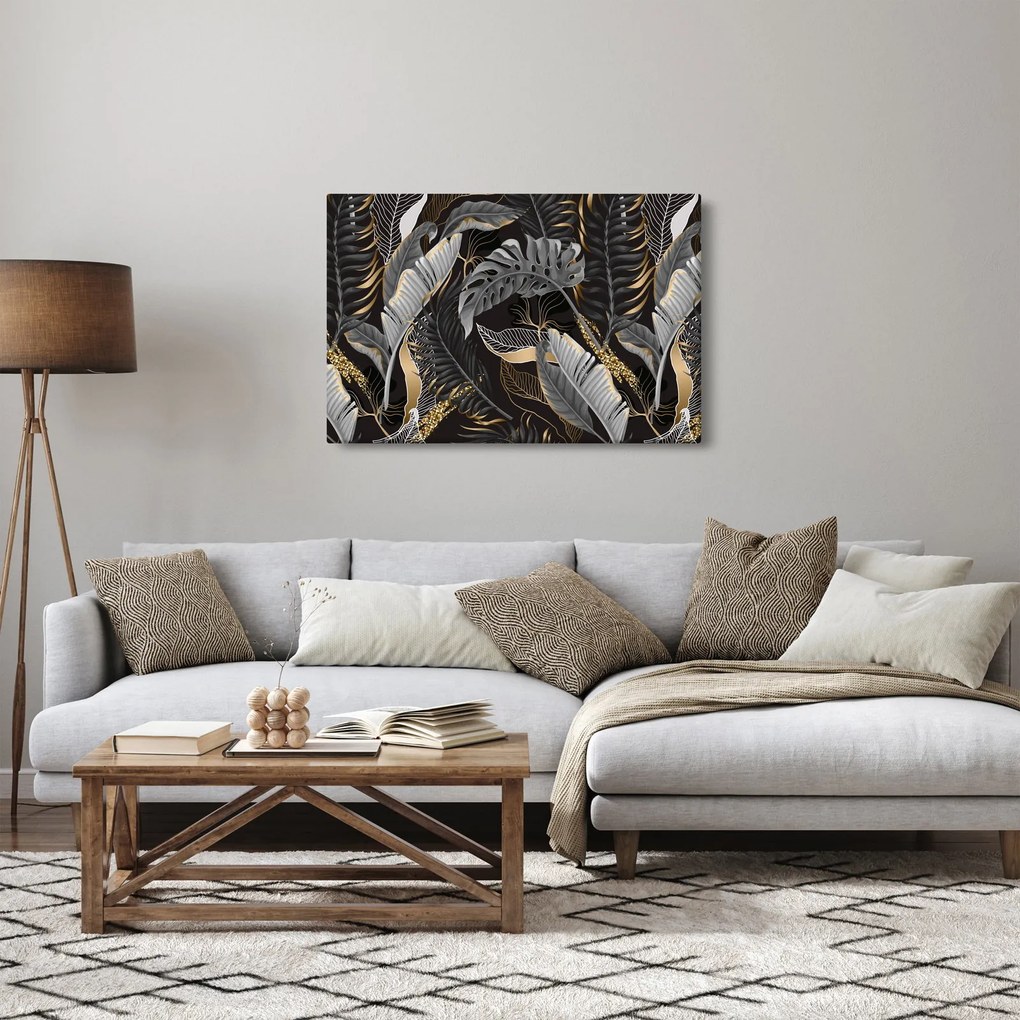 Kép - Trópusi levelek fekete és arany színben (90x60 cm)
