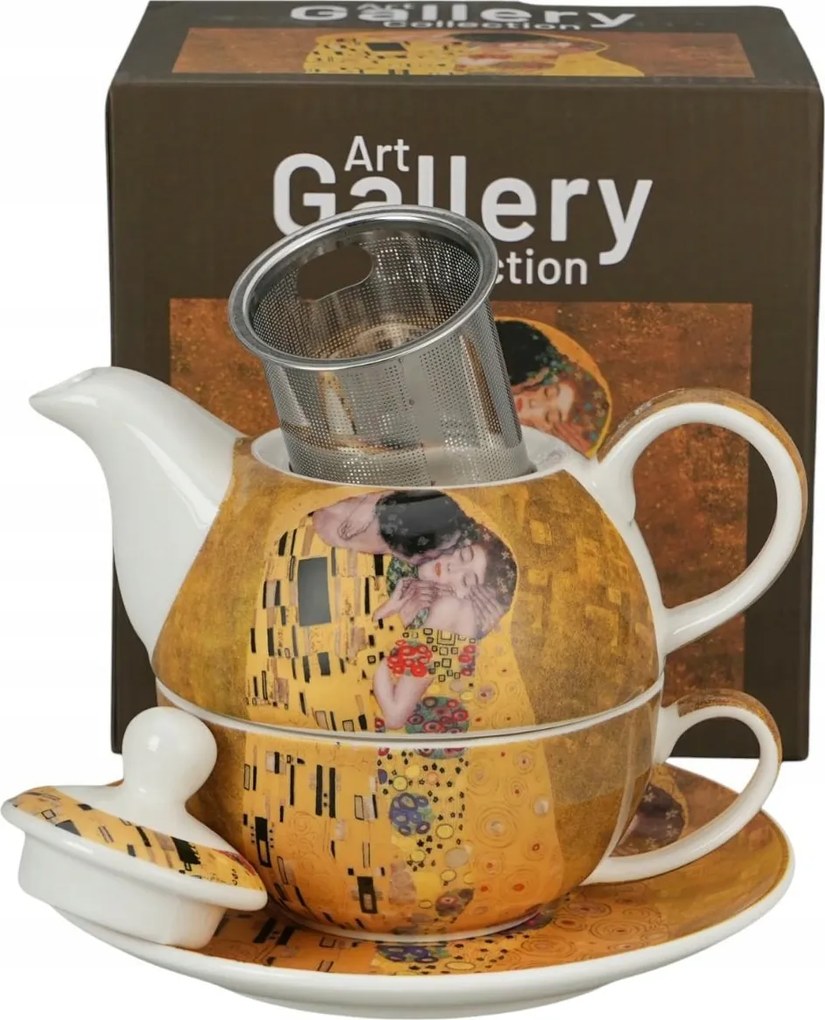 Porcelán teáscsésze szett kannával és szűrővel Klimt The Kiss (a Csók) mintával, 350 ml