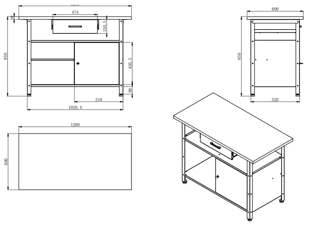 Műhelyasztal ERIC, 1200 x 850 x 600 mm, antracit-vörös
