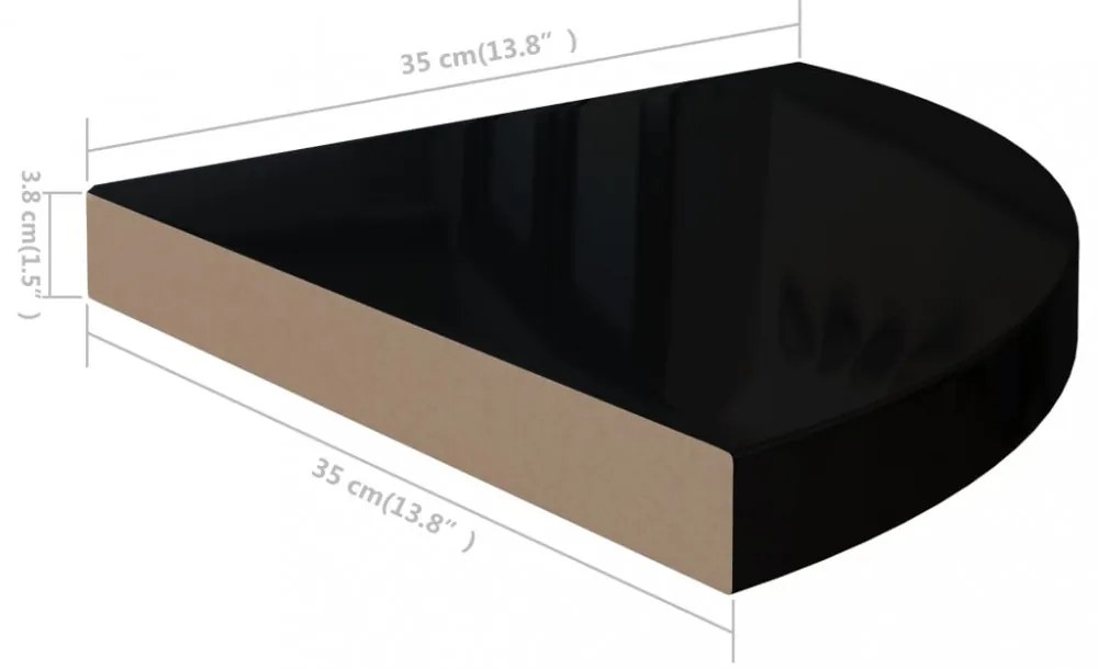2 db magasfényű fekete MDF lebegő sarokpolc 35 x 35 x 3,8 cm