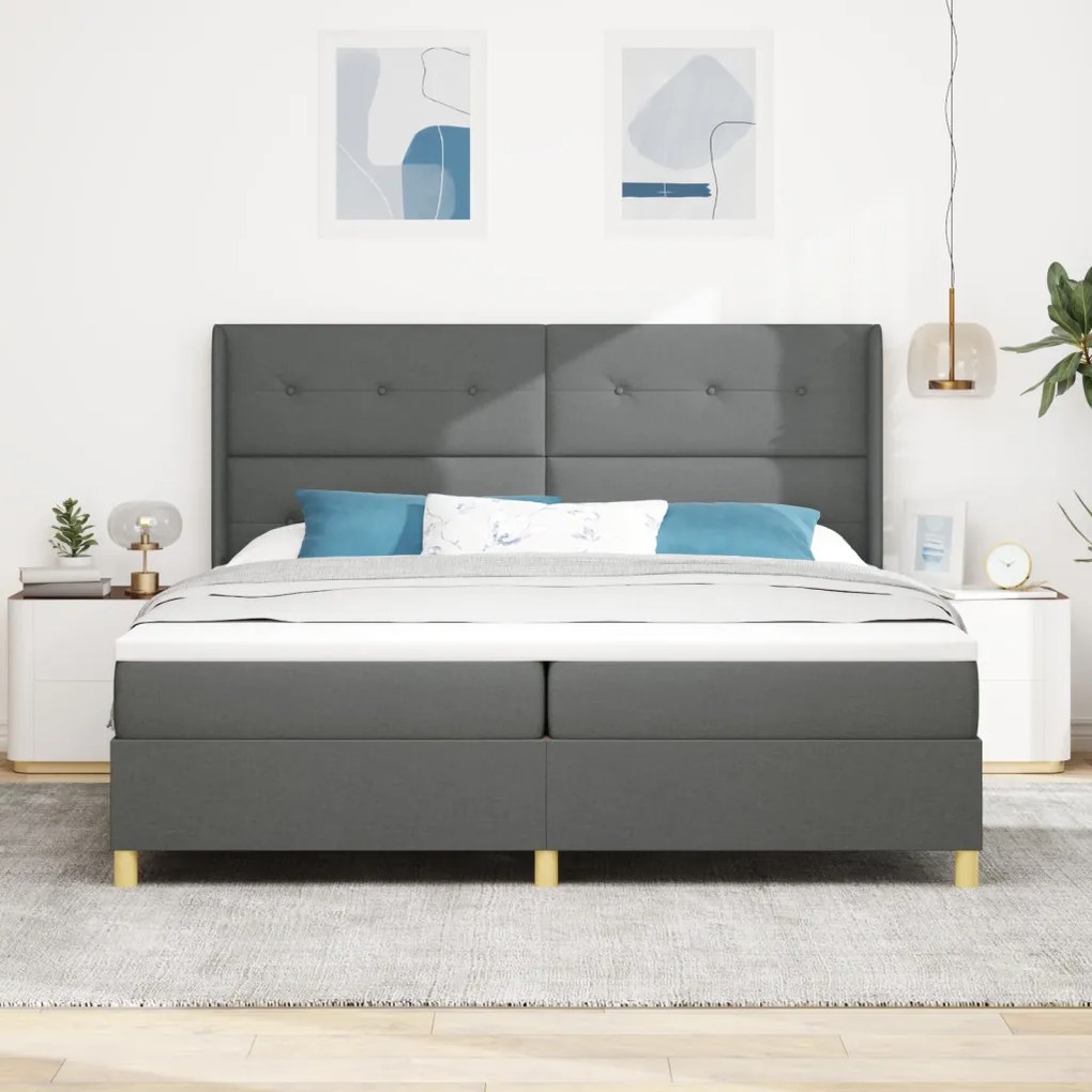 Boxspring Ágy Mattal és LED Fényekkel Sötétszürke 200x200 cm Szövet