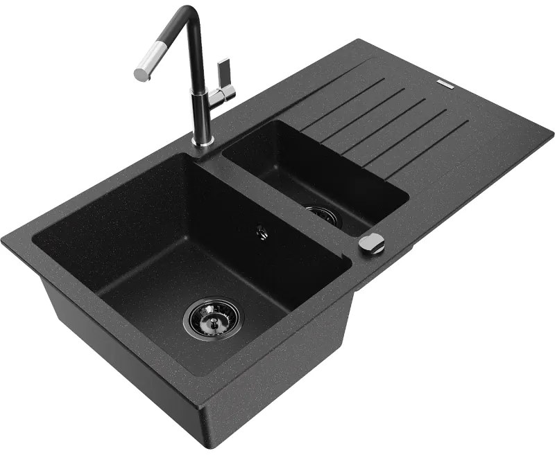 Mexen Matias, 1,5 kamrás gránit mosogató 900x505x200 mm és Flora mosogató csaptelep, fekete-ezüst metál, 6502-73-670401-07-B