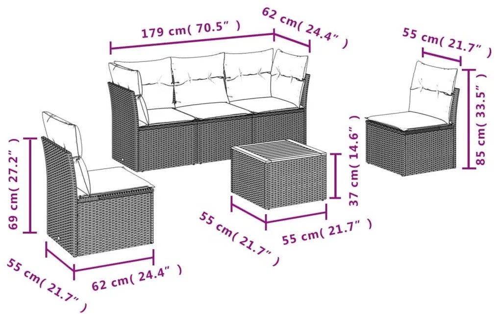 6 részes szürke polyrattan kerti ülőgarnitúra párnákkal