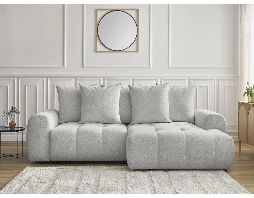 Világosszürke zsenília kinyitható-tárolóhelyes sarokkanapé (jobb oldali-heverő résszel) Roxelane – Bobochic Paris