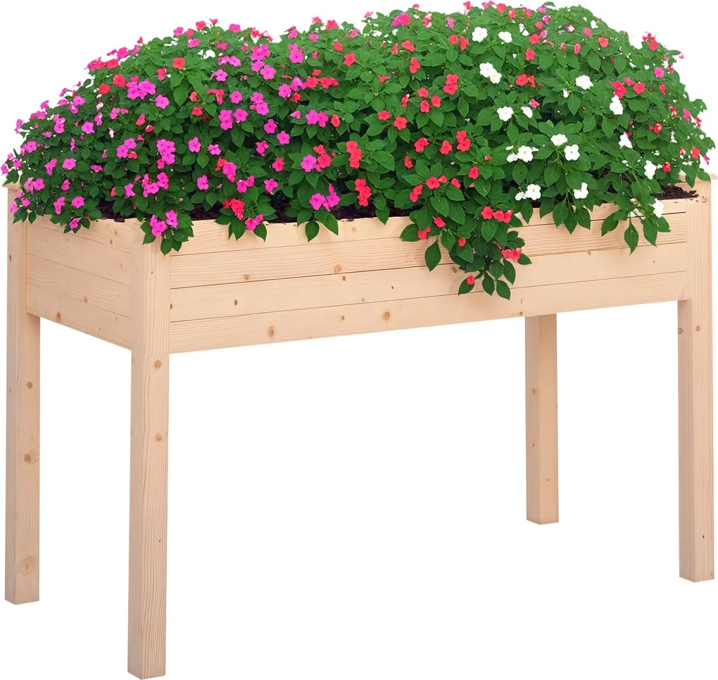 Outsunny Emelt Városi Kert Természetes Fa 122,5x56,5x76 cm Emelt ültetőasztal Nem szőtt anyaggal és 4 Drainázs Lyukkal Növényekhez, Virágokhoz, Konyha