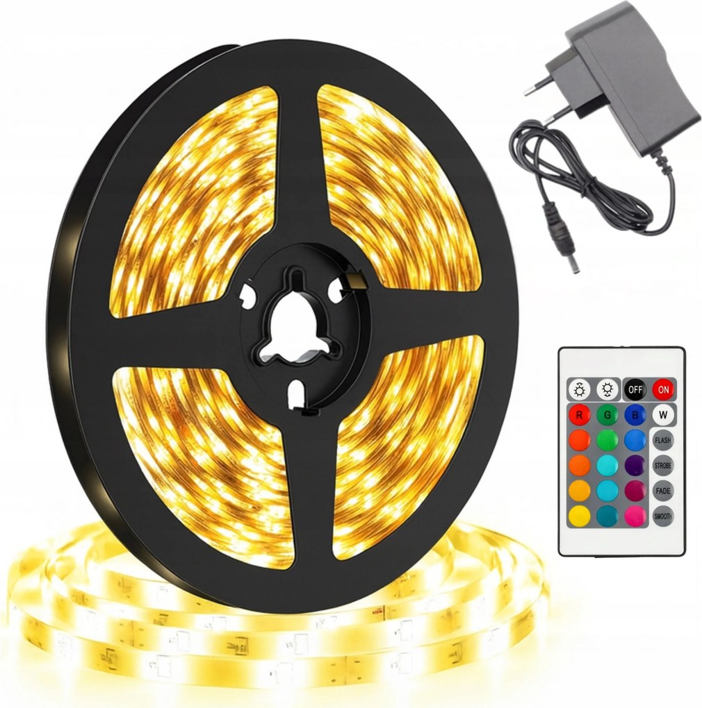 Led szalag 5 m Meleg Fehér Vízálló Távirányító Tápegység 12V Bútorszobába