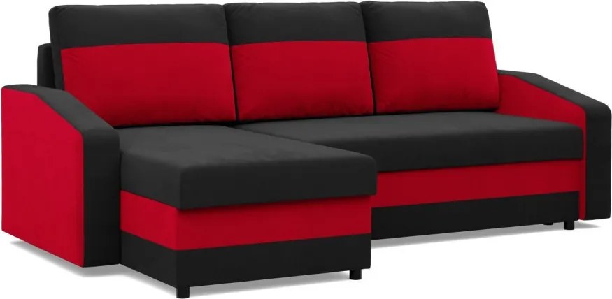 Hewlet sarokkanapé, 2 ágyneműtartóval, szövet anyag, univerzális oldal, bonell töltet, fekete - piros