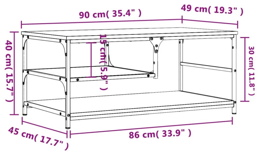 füstös tölgy színű szerelt fa dohányzóasztal 90 x 49 x 40 cm