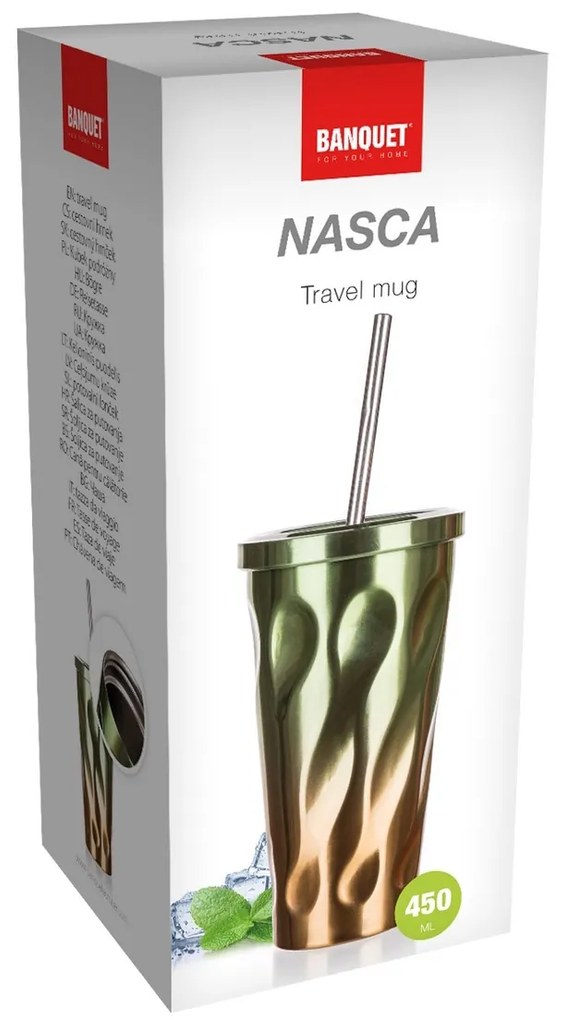 Banquet NASCA duplafalú utazóbögre 450 ml ,szívószállal, zöld-réz színű