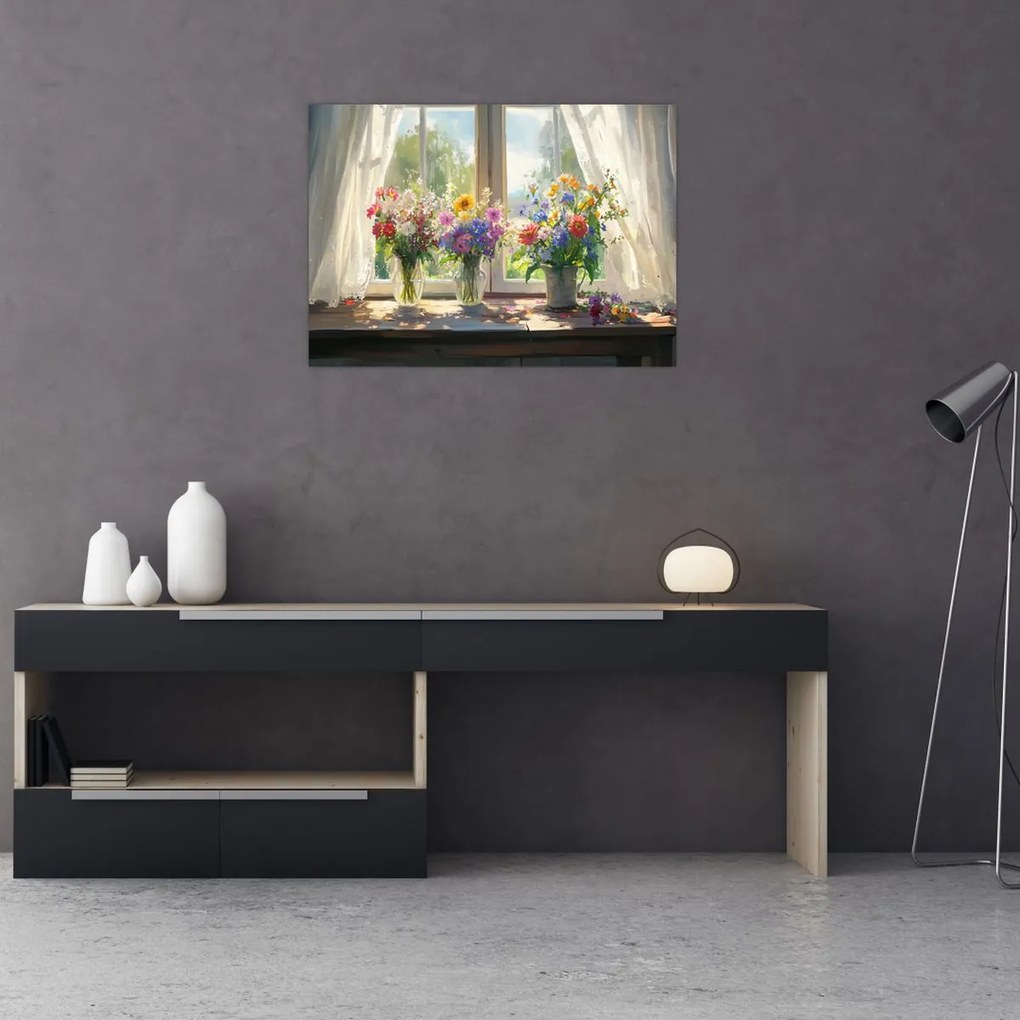 Üveg kép - Csokor az ablaknál (70x50 cm)