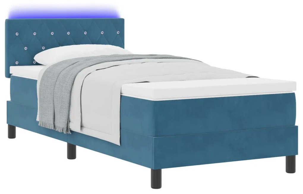 Boxspring Ágy Matrac & LED Sötétkék 90x190 cm Bársony