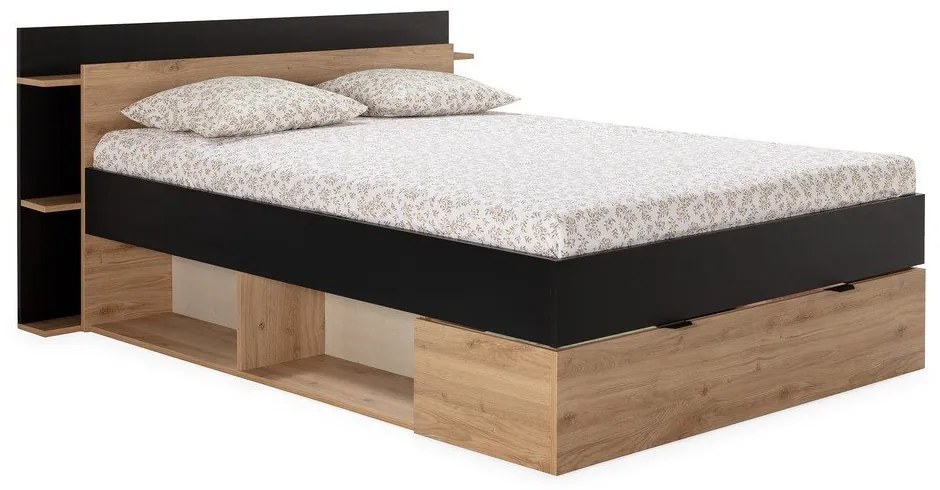 Fekete-natúr színű ágyneműtartós franciaágy ágyrács nélkül, tölgyfa dekorral 160x200 cm Albo – Marckeric