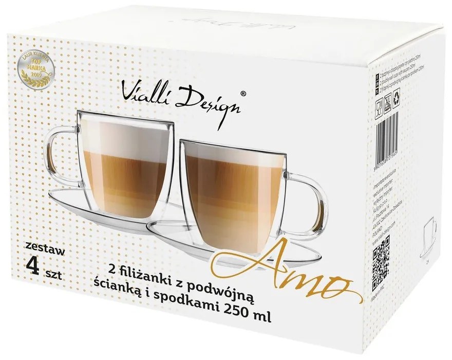 2 db-os duplafalú üveg csésze és csészealj készlet, 250 ml - Vialli Design