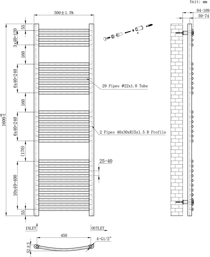 Íves törölközőszárító radiátor 1600x500 mm fehér
