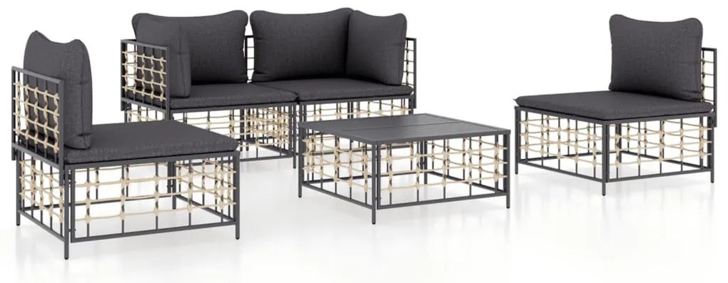 5 részes antracitszürke polyrattan kerti ülőgarnitúra párnákkal