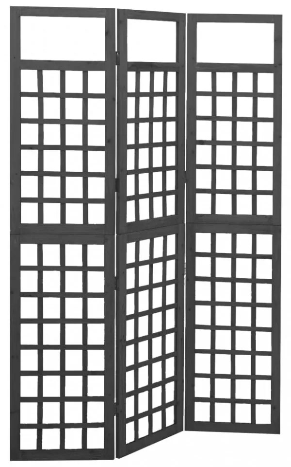 3 paneles fekete tömör fenyő térelválasztó/lugasrács 121x180 cm