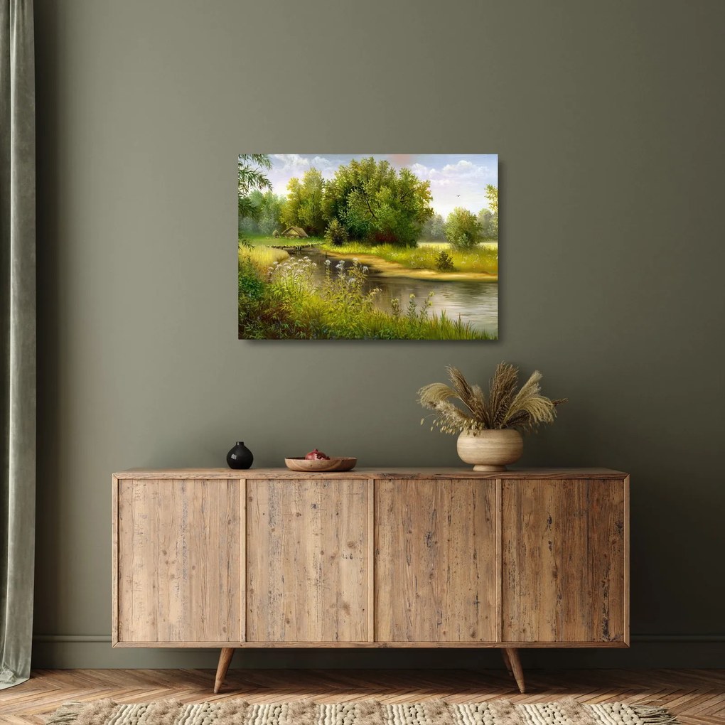 Kép - folyó az erdőnél, olajfestmény (üvegen) (70x50 cm)