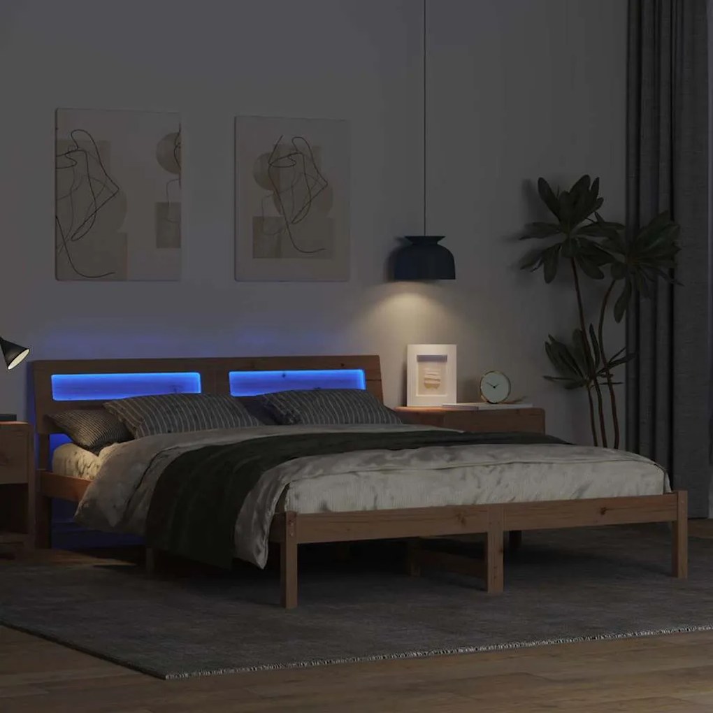 Ágykeret LED -es lámpákkal Barna 160 x 200 cm Tömör fenyőfa