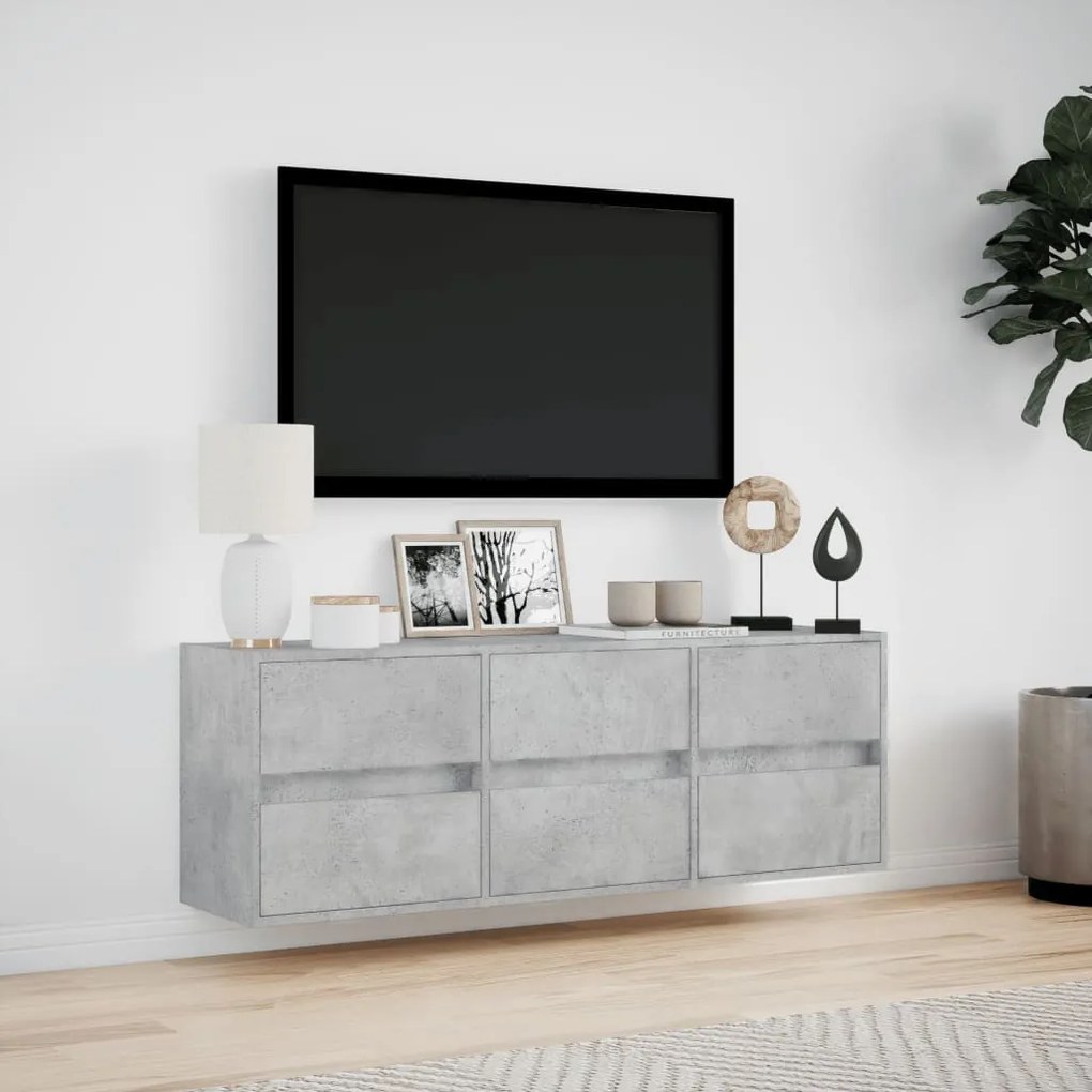 betonszürke falra szerelhető TV-szekrény LED-del 130x31x45 cm