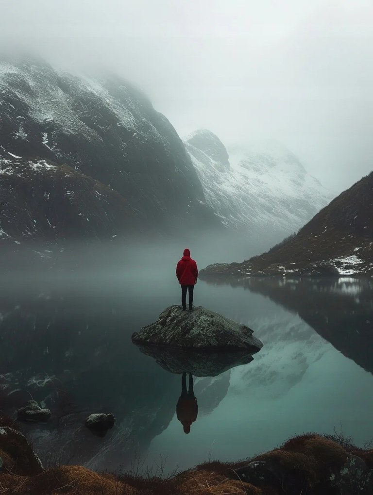 Vászonkép Canvas Norvégia Hegyek Fjord Tél Ember Magány 60x80