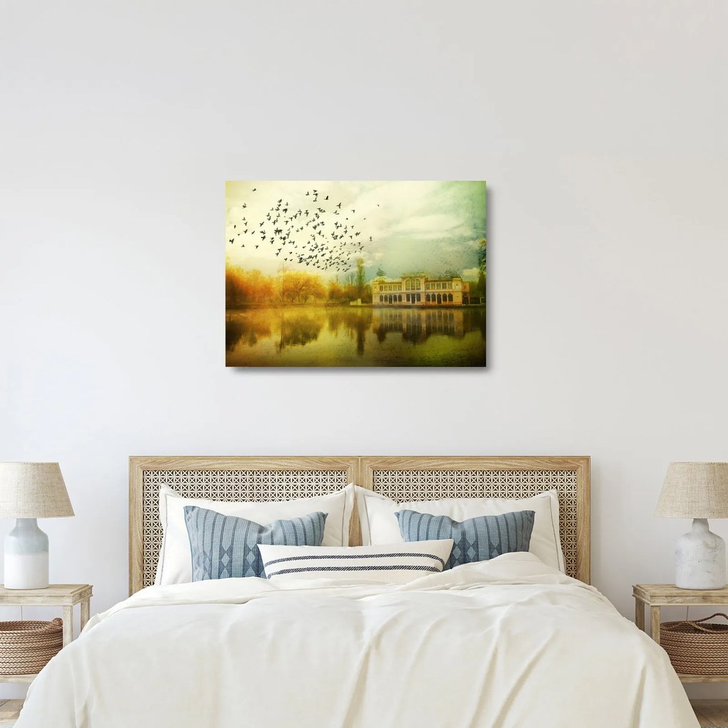 A festett táj képe lakóhelyel (üvegen) (70x50 cm)