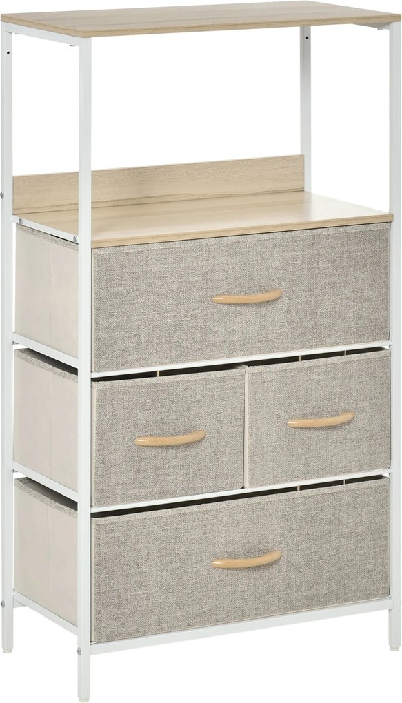 HOMCOM Hálószoba Fiókos Szekrény 4 Textilösszecsukható és Kivehető Fiókkal, Nyitott Polccal és Fém Vázszerkezettel, Hálószobába, Nappaliba, Előszobába