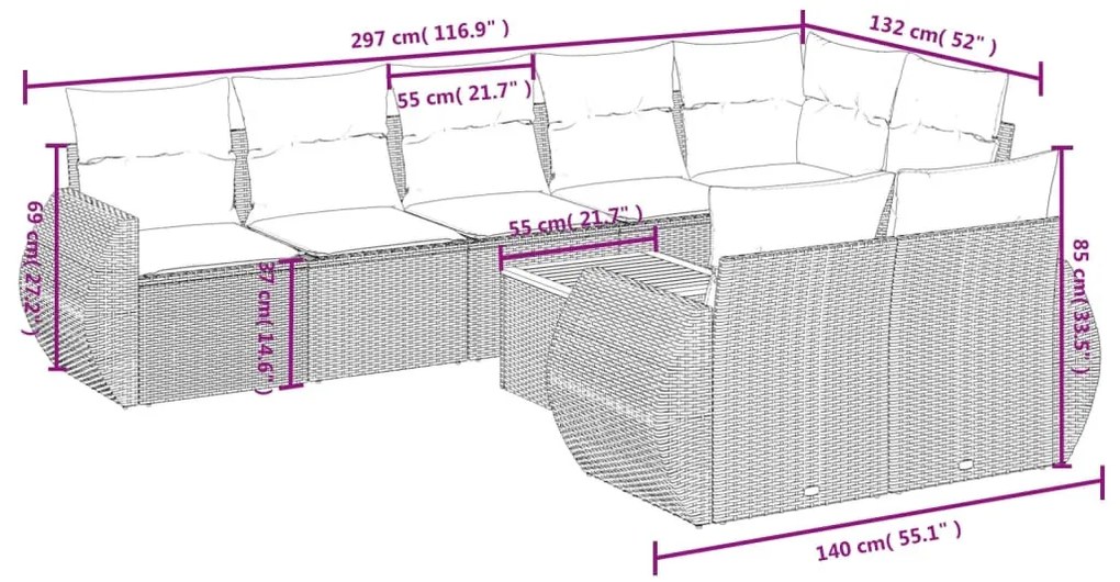 9 részes fekete polyrattan kerti ülőgarnitúra párnákkal